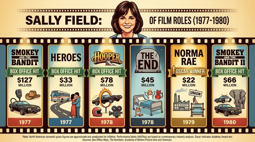 Інфографіка касових зборів фільмів Саллі Філд у період із 1977 по 1980 рік
