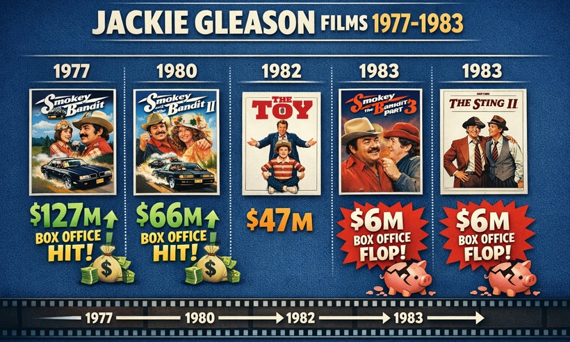 Інфографіка касових зборів фільмів Джекі Глісона у період із 1977 по 1983 рік