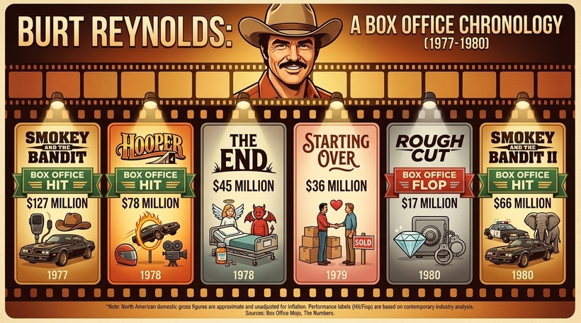 Інфографіка касових зборів фільмів Берта Рейнольдса у період із 1977 по 1980 рік