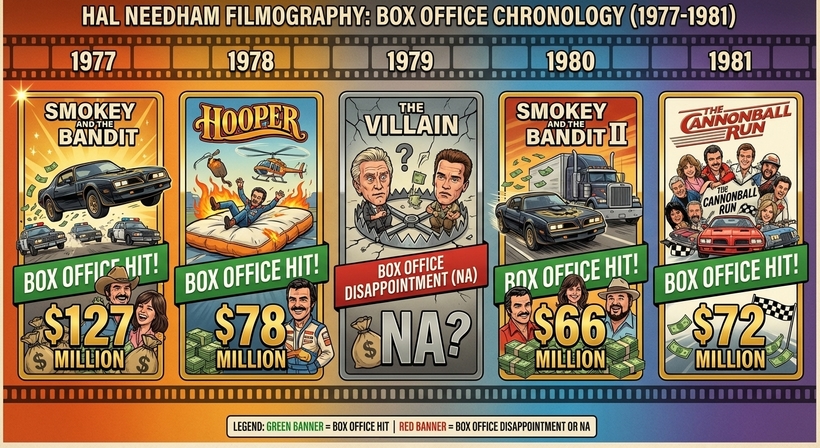 Інфографіка касових зборів фільмів режисера Гела Нідхема у період із 1977 по 1981 рік