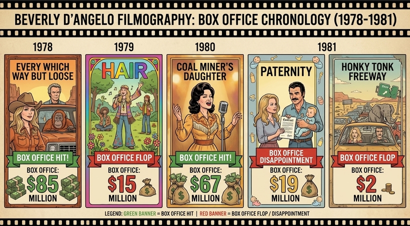 Інфографіка касових зборів фільмів Беверлі Д'Анджело у період із 1978 по 1981 рік