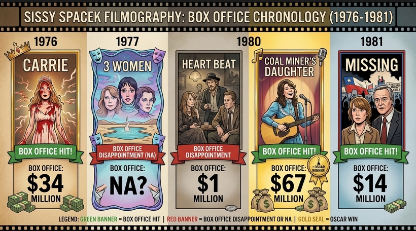Інфографіка касових зборів фільмів Сіссі Спейсек у період із 1976 по 1981 рік