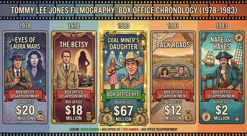 Інфографіка касових зборів фільмів Томмі Лі Джонса у період із 1978 по 1983 рік