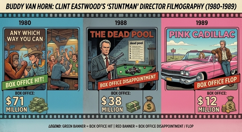 Інфографіка касових зборів "режисера" Бадді Ван Горна у фільмах Клінта Іствуда  у період із 1980 по 1989 роки