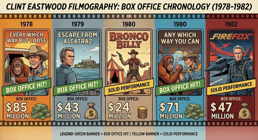 Інфографіка касових зборів фільмів Клінта Істувуда у період із 1978 по 1982 роки
