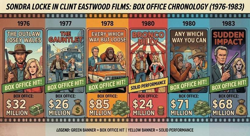 Інфографіка касових зборів Сондри Локк у фільмах Клінта Іствуда  у період із 1978 по 1982 роки
