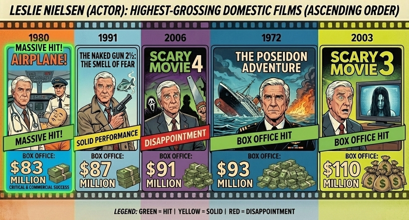 Леслі Нільсен - інфографіка найкасовіших фільмів актора у домашньому прокаті