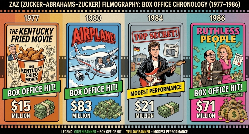 Інфографіка касових зборів фільмів тріо ZAZ у період із 1977 по 1986 рік