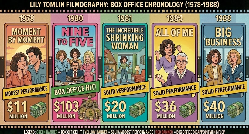 Інфографіка касових зборів фільмів Лілі Томлін у період із 1978 по 1988 роки