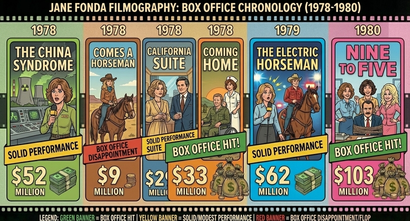 Інфографіка касових зборів фільмів Джейн Фонда у період із 1978 по 1980 роки
