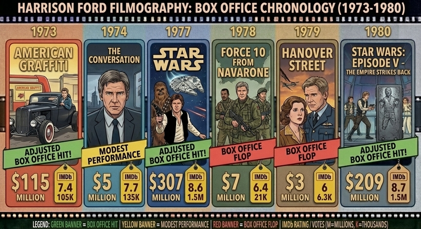 Інфографіка касових зборів фільмів Гаррісона Форда у період із 1973 по 1980 роки
