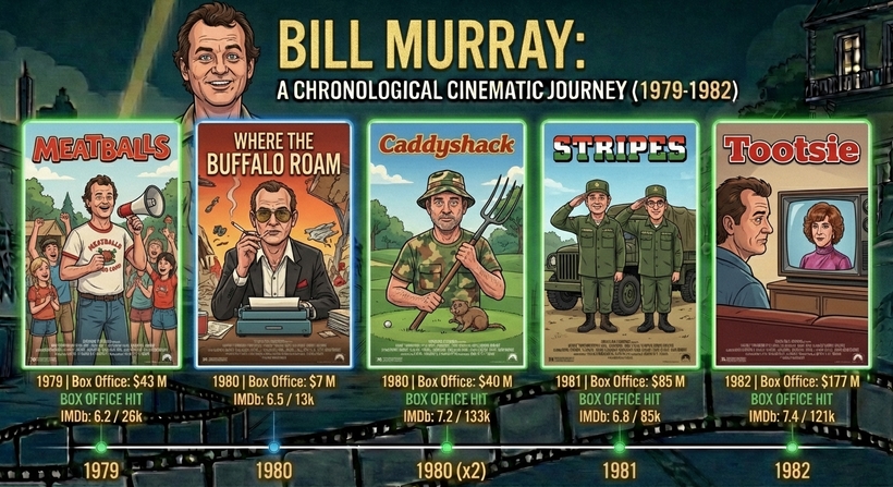 Білл Мюррей - інфографіка касових зборів фільмів у період 1979 - 1982