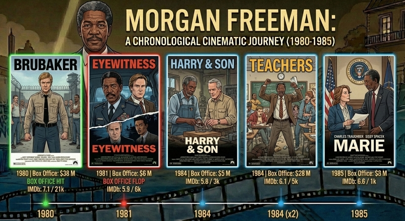 Морган Фрімен - інфографіка касових зборів фільмів у період 1980 - 1985