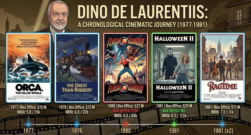 Діно Де Лаурентіс - інфографіка касових зборів фільмів продюсера у період 1977 - 1981