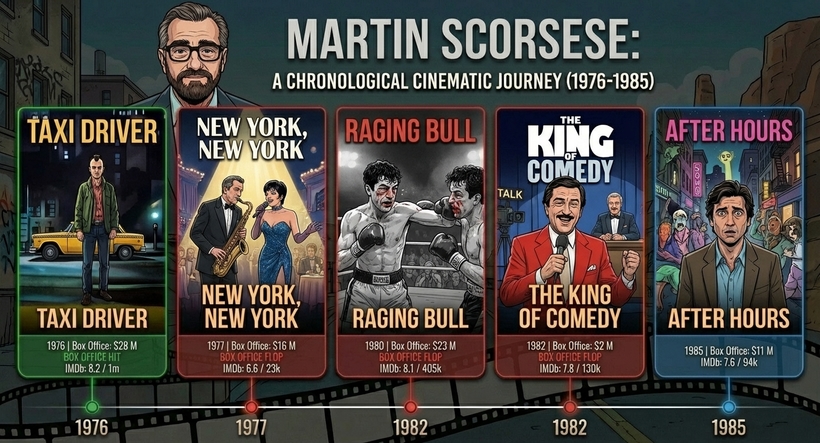 Інфографіка касових зборів фільмів Мартіна Скорсезе у період 1976 - 1985