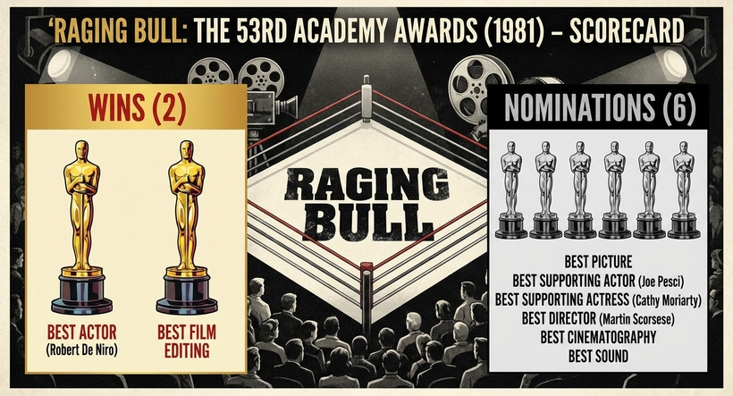 Інфографіка номінацій та нагород Оскар 1981, які виграв фільм Скажений бик