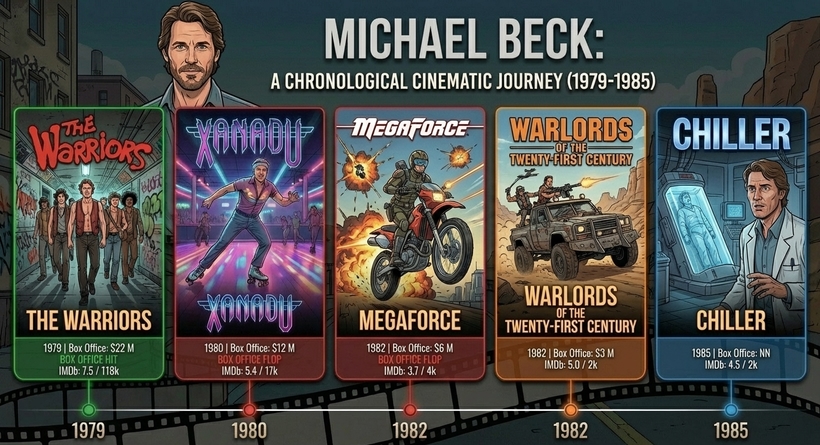 Інфографіка касових зборів найвідоміших фільмів Майкла Бека в період 1979 - 1985