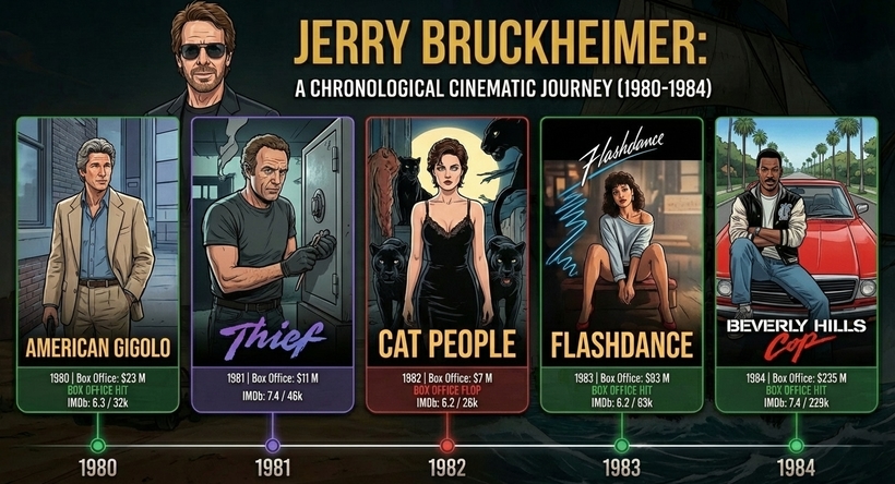 Інфографіка касових зборів фільмів продюсера Джеррі Брукгаймера в період 1980 - 1984