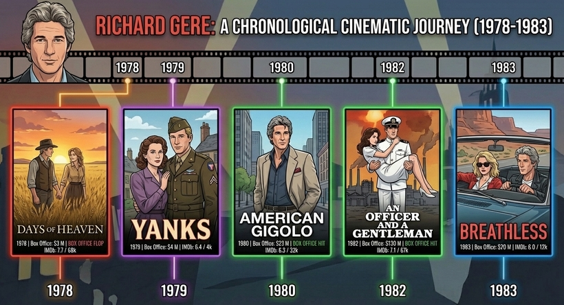 Інфографіка касових зборів фільмів Річарда Гіра в період 1978 - 1983