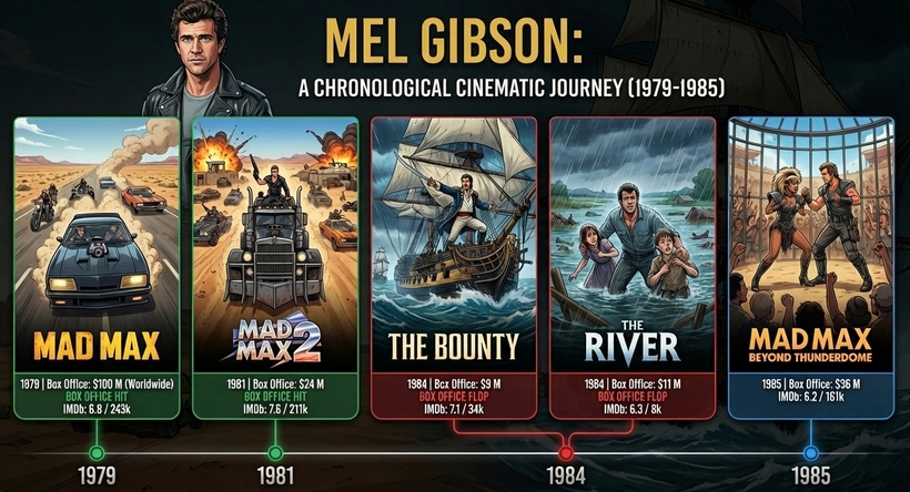 Інфографіка - найбільші фільми Мела Гібсона в період 1979 - 1985