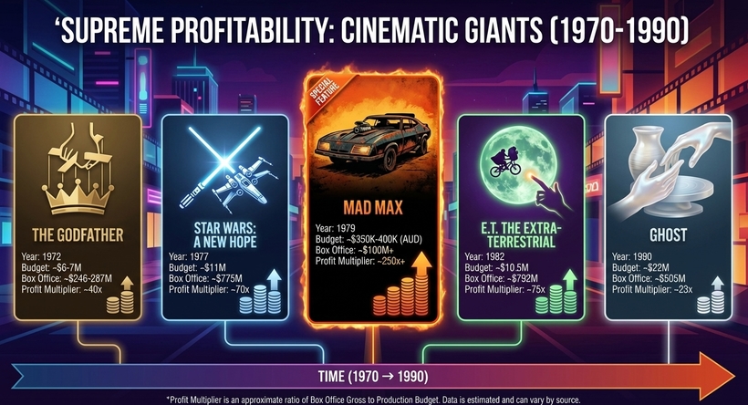 Інфографіка найбільш прибуткових фільмів у перерахунку затрат та касових зборів у період 1970 - 1990