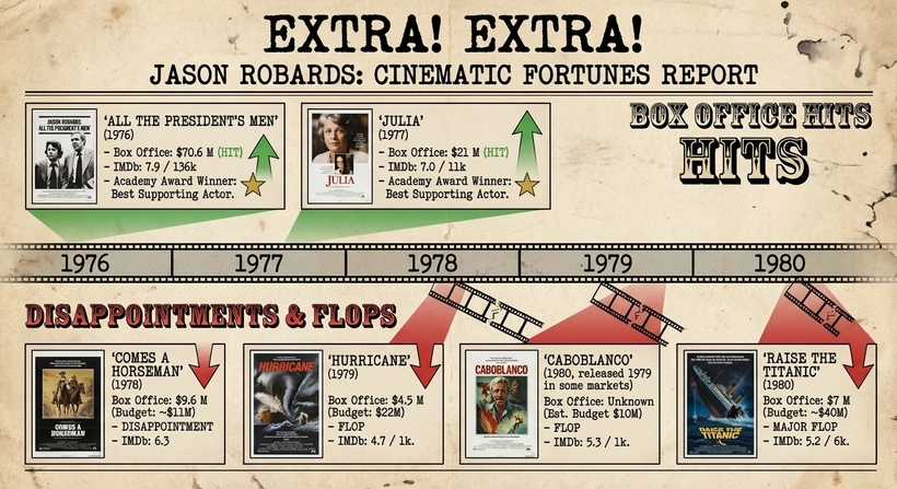 Інфографіка касових зборів фільмів Джейсона Робардса в період 1976 - 1980