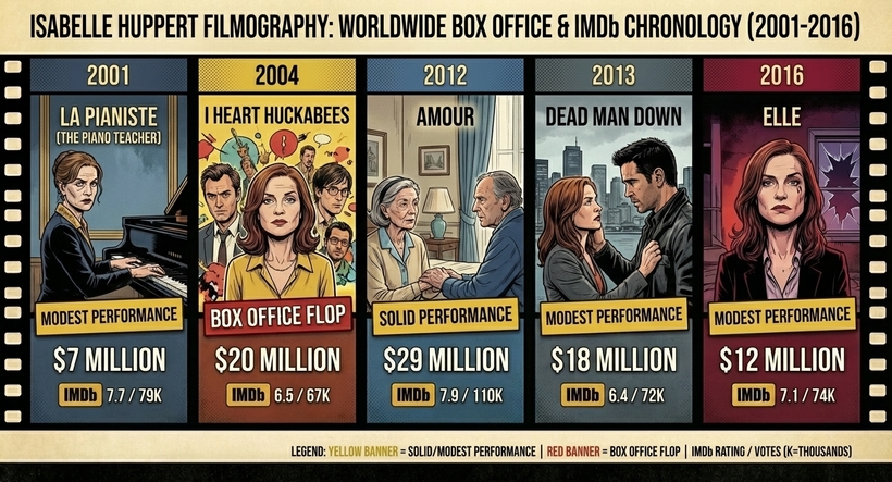 Інфографіка - найвідоміші фільмі Ізабель Юппер + зборри в світовому прокаті