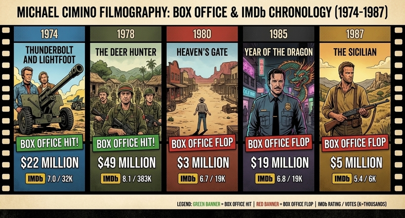 Інфографіка - касові збори режисера Майкла Чіміно в домашньому прокаті в період 1974 - 1987