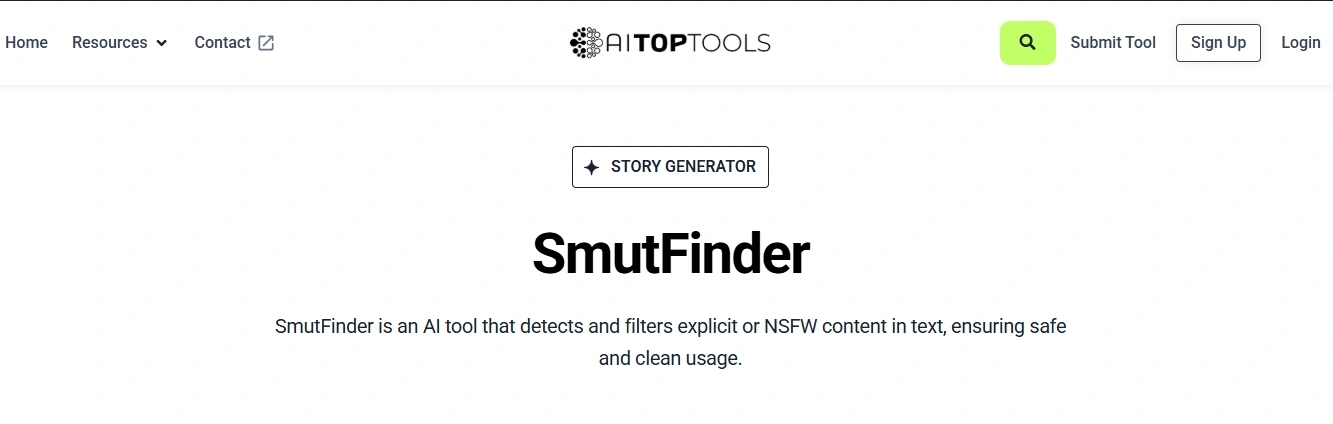 SmutFinder listed on AI Top Tools — one of more than a dozen directories cataloguing the platform as a story generator.