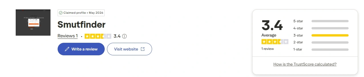 SmutFinder holds a claimed Trustpilot profile with a 3.4 TrustScore — an early indicator, given the small review volume, rather than a final verdict.