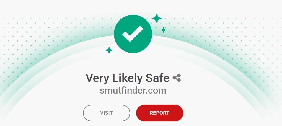 Scamadviser's automated checks rate smutfinder.com as "Very Likely Safe," confirming a valid SSL certificate and a clean security record.