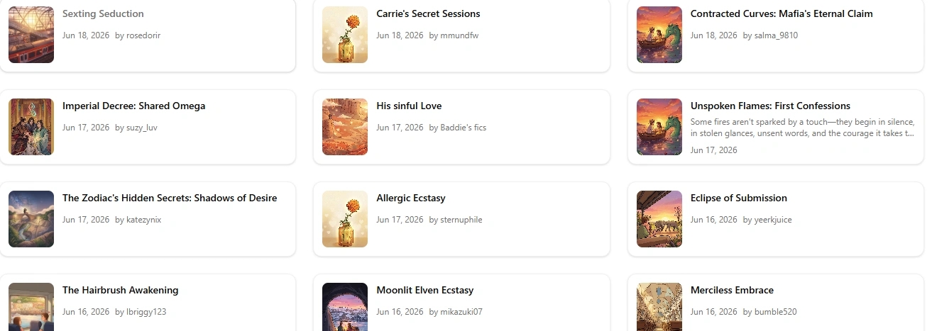 The Explore feed — community-generated stories with cover art, dates, and author handles, useful for prompt inspiration.