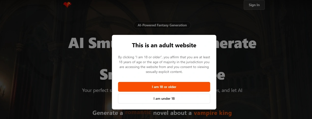 SmutFinder's homepage opens with a clear 18+ age gate — you affirm you are of legal age before viewing any content.
