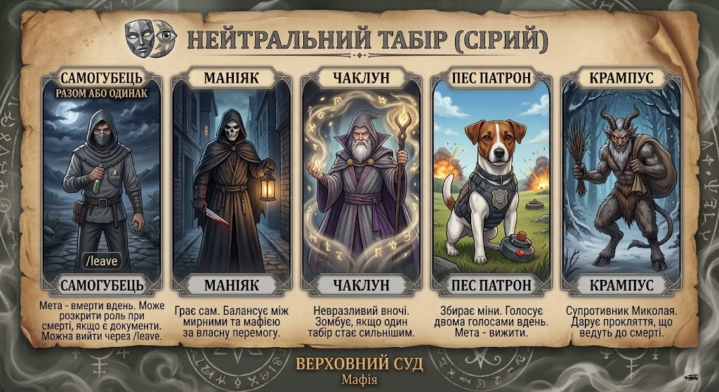 A high-resolution, detailed image of an ornate, aged parchment scroll, matching the style and texture of <IMAGE_0>, <IMAGE_1>, and <IMAGE_2>, set against a dark, swirling, neutral-colored (grey, brown, and deep green) misty background. At the top of the scroll, a new icon is present: a stylized, multi-faceted grey mask (symbolizing neutrality and shifting roles) combined with a shifting eye, replacing the previous icons, with the text "НЕЙТРАЛЬНИЙ ТАБІР (СІРИЙ)" (NEUTRAL CAMP (GREY)) in stylized, grey and gold font. Below this, a sub-header reads "РАЗОМ АБО ОДИНАК" (TOGETHER OR ALONE). The main body of the scroll contains five distinct, framed panels with ornate, grey and silver borders, aligned horizontally, consistent with the layout.

From left to right, the five panels feature portraits of Neutral roles with Ukrainian text:
Panel 1: "САМОГУБЕЦЬ" (SELF-MURDERER). portrait: a desperate man in a grey hood and mask, holding a poison vial, standing on a dark, desolate path under a stormy moon, with a visible /leave icon on his clothing. Description below: "Мета - вмерти вдень. Може розкрити роль при смерті, якщо є документи. Можна вийти через /leave."
Panel 2: "МАНІЯК" (MANIAC). portrait: a solitary, dark-cloaked figure in a skull mask, holding a dripping bloody knife and a lantern, in a dark, narrow alley, balancing between light and shadow. Description below: "Грає сам. Балансує між мирними та мафією за власну перемогу."
Panel 3: "ЧАКЛУН" (SORCERER). portrait: an older, bearded wizard in grey and purple robes, holding a staff emitting glowing, neutral-colored (gold and grey) magic runes, surrounded by shifting light, with a visible protective aura. Description below: "Невразливий вночі. Зомбує, якщо один табір стає сильнішим."
Panel 4: "ПЕС ПАТРОН" (DOG PATRON). portrait: a serious-looking, well-trained Jack Russell Terrier dog wearing a miniature, ornate grey tactical vest with a badge, holding a small toy mine, standing on a safe, grassy area with distant explosions. Description below: "Збирає міни. Голосує двома голосами вдень. Мета - вижити."
Panel 5: "КРАМПУС" (KRAMPUS). portrait: a demonic, grey and brown creature with horns and cloven hooves, in a dark, snowy winter forest, holding a bundle of switches and a large sack, looking menacing. Description below: "Супротивник Миколая. Дарує прокляття, що ведуть до смерті."

The descriptions for each role are written in a clean, legible dark font, matching the Ukrainian text style and content from the prompt, consistent with previous scrolls. The parchment scroll has torn edges and is adorned with various lighter, grey arcane symbols. The bottom has the smaller text "ВЕРХОВНИЙ СУД Мафія". The overall lighting is low and atmospheric. The roles and characters from the previous images are visible in the background and through interactions., AI generated, создано искусственным интеллектом