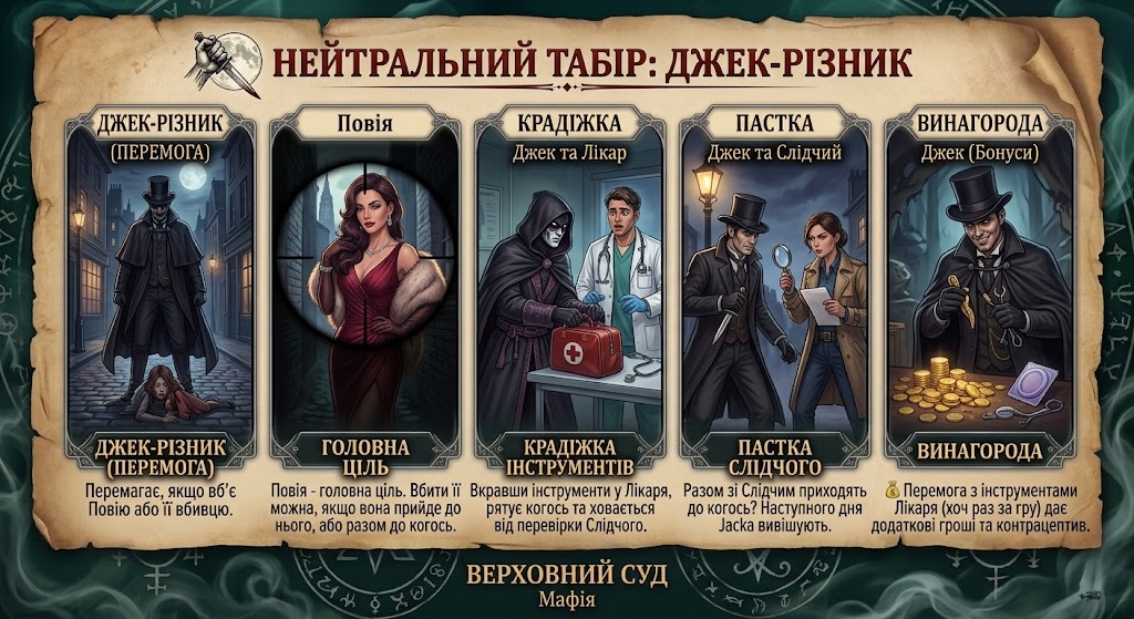 A high-resolution, detailed image of an ornate, aged parchment scroll, similar in texture and style to the scrolls seen in <IMAGE_0> and <IMAGE_1>, but set against a dark, swirling, deep-green and brown misty background. At the top of the scroll, a new icon is present: a hand-drawn, menacing hand holding a dagger, combined with a stylized full moon, replacing the crown/mask from previous scrolls. The text "НЕЙТРАЛЬНИЙ ТАБІР: ДЖЕК-РІЗНИК" (NEUTRAL CAMP: JACK THE RIPPER) is written in stylized, blood-red and gold font. The main body of the scroll contains five distinct, framed panels with dark, tarnished silver borders, aligned horizontally.

From left to right, the five panels feature:
Panel 1: "ДЖЕК-РІЗНИК (ПЕРЕМОГА)" (JACK THE RIPPER (VICTORY)). Above the panel: "Джек-Різник". The portrait shows a dark, top-hatted figure in a cloak standing over a small, defeated figure (representing the Prostitute) on a cobbled London street at night. Description below: "Перемагає, якщо вб'є Повію або її вбивцю."
Panel 2: "ГОЛОВНА ЦІЛЬ" (MAIN TARGET). Above the panel: "Повія". The portrait shows a glamorous woman in a red dress (the Prostitute from <IMAGE_1>) as viewed through the sights of a spyglass or through a shadowy alley. Description below: "Повія - головна ціль. Вбити її можна, якщо вона прийде до нього, або разом до когось."
Panel 3: "КРАДІЖКА ІНСТРУМЕНТІВ" (THEFT OF TOOLS). Above the panel: "Джек та Лікар". The portrait shows a cloaked Jack stealing a medical bag and stethoscope from a shocked Doctor (the Doctor from <IMAGE_1>) in a dim clinic. Description below: "Вкравши інструменти у Лікаря, рятує когось та ховається від перевірки Слідчого."
Panel 4: "ПАСТКА СЛІДЧОГО" (INVESTIGATOR'S TRAP). Above the panel: "Джек та Слідчий". The portrait shows Jack (holding a dagger) caught by a determined Investigator (the Investigator from <IMAGE_1>, holding a magnifying glass and paper) under a streetlamp. Description below: "Разом зі Слідчим приходять до когось? Наступного дня Jackа вивішують."
Panel 5: "ВИНАГОРОДА" (REWARD). Above the panel: "Джек (Бонуси)". The portrait shows Jack (with the stolen tools) looking at a pile of gold coins and a contraceptive device, smiling in a shadowy hideout. Description below: "💰 Перемога з інструментами Лікаря (хоч раз за гру) дає додаткові гроші та контрацептив."

The descriptions for each role are written in a clean, legible dark font, matching the Ukrainian text style and content from the user's prompt.
The parchment scroll has torn edges and is adorned with various lighter, arcane-looking symbols (similar to previous scrolls but themed around shadows and observation) across its surface. The bottom has the smaller text "ВЕРХОВНИЙ СУД Мафія". The overall lighting is low and dramatic. The Prostitute, Doctor, and Investigator from <IMAGE_1> are recognizable in panels 2, 3, and 4., AI generated, создано искусственным интеллектом