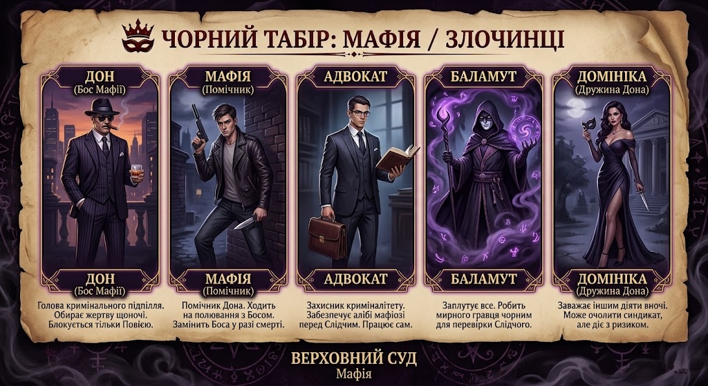 A stylized, dark illustration on an aged parchment scroll, titled 'ЧОРНИЙ ТАБІР: МАФІЯ / ЗЛОЧИНЦІ' (BLACK CAMP: MAFIA / CRIMINALS) in ornate, dark red text with a menacing crown and mask icon. The illustration is designed like a secret dossier or a page from a hidden book, featuring the five Black roles of the Supreme Court Mafia game. From left to right, five distinct characters are depicted within glowing dark purple and gold bordered sections.

1.  **ДОН (Бос Мафії):** A classic, imposing figure in a dark pinstripe suit, fedora, and sunglasses, smoking a cigar, holding a glass of whiskey, standing confidently before a city skyline at dusk. (Text: "Голова кримінального підпілля. Обирає жертву щоночі. Блокується тільки Повією.")
2.  **МАФІЯ (Помічник):** A younger, lean member with a serious expression, wearing a leather jacket, holding a silenced pistol and a knife, crouching slightly near brick walls. (Text: "Помічник Дона. Ходить на полювання з Босом. Замінить Боса у разі смерті.")
3.  **АДВОКАТ:** A sharp-looking man in a sleek three-piece suit and glasses, holding a leather briefcase and an open law book, looking calm and calculating. (Text: "Захисник криміналітету. Забезпечує алібі мафіозі перед Слідчим. Працює сам.")
4.  **БАЛАМУТ:** A mysterious, cloaked figure in a cowl and mask, holding a staff that emits swirling purple fog and magical symbols, manipulating darkness. (Text: "Заплутує все. Робить мирного гравця чорним для перевірки Слідчого.")
5.  **ДОМІНІКА (Дружина Дона):** A seductive, powerful woman in a dark elegant gown and heels, holding a mask and a dagger, standing near a classical building. (Text: "Заважає іншим діяти вночі. Може очолити синдикат, але діє з ризиком.")

The overall style is dark, atmospheric fantasy illustration with deep purples, golds, and blacks, resembling digital art on textured parchment. The background shows blurred city elements, shadows, and a faint moonlight. The layout is structured as five sequential panels with ornamental borders and Russian titles above each character and descriptions below them. The bottom has the title 'ВЕРХОВНИЙ СУД Мафія' and the dark background is filled with occult symbols, smoke, and texture. The lighting is low and dramatic., AI generated, создано искусственным интеллектом