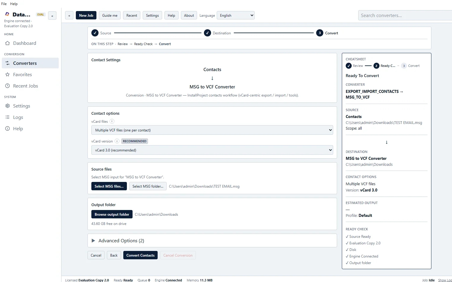 MSG to VCF Converter Expert software interface screenshot showing conversion process