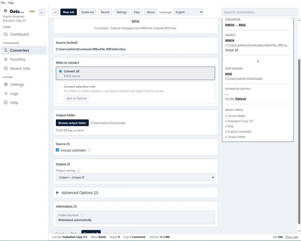 MBOX to MSG Converter Expert software interface screenshot showing conversion process