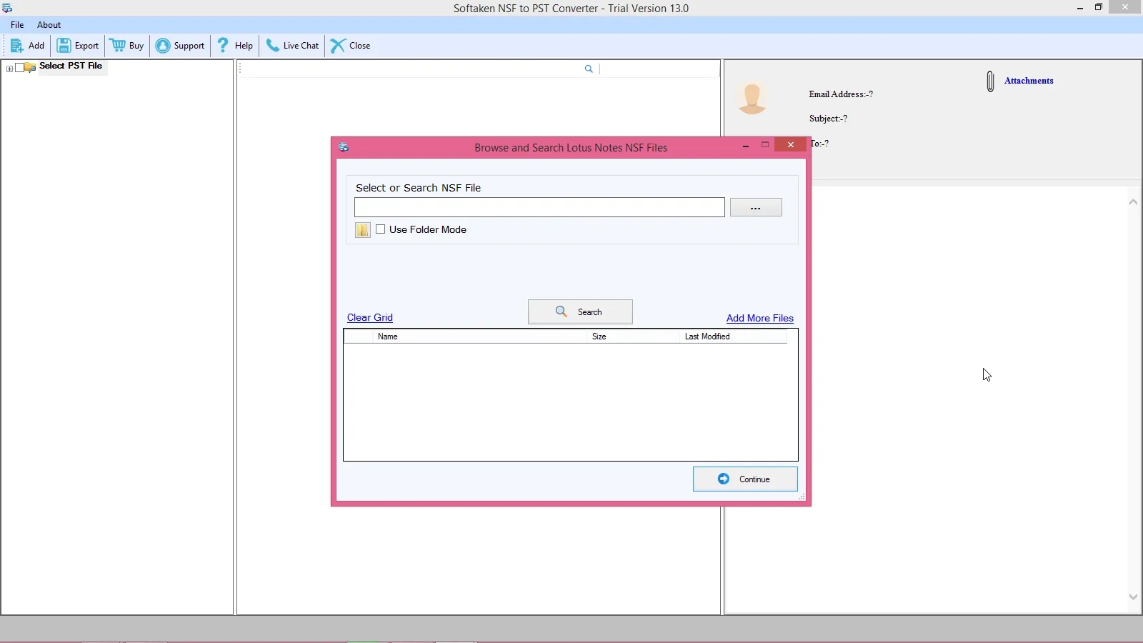 NSF to PST Converter interface