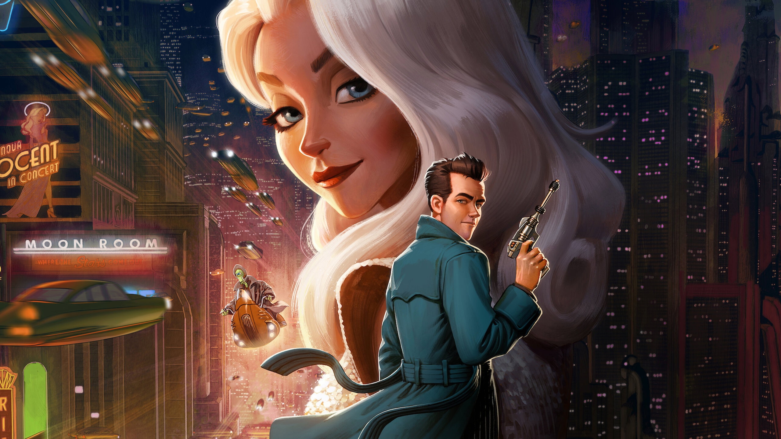 Рей Ґанн і Венера Нова на тлі нічної Метропії. Кадр: Netflix / Skydance Animation