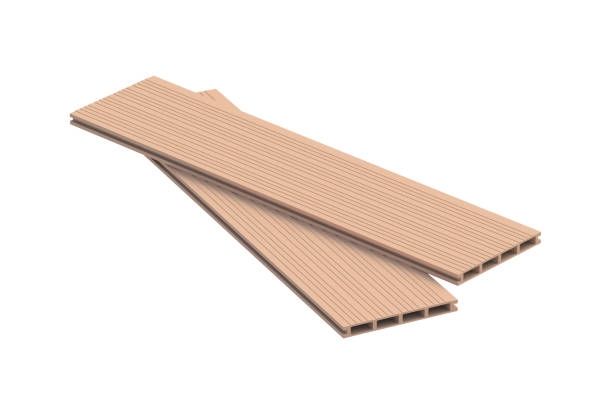 Two decking boards isolated on white background. Siding planks. Modern composite panel for terrace. 3d render Two decking boards isolated on white background. Siding planks. Modern composite panel for terrace. 3d render wpc pannel stock pictures, royalty-free photos & images