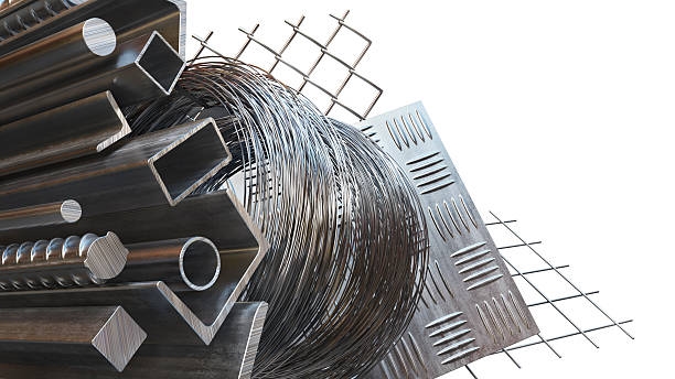 Steel construction materials with wire mesh, rebar and metal profiles Industrial steel construction materials including reinforcing bars, wire coils, welded wire mesh, metal profiles and embossed steel sheet arranged together on a white background. Building Material  stock pictures, royalty-free photos & images