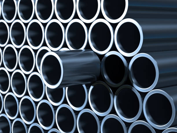 Metal Pipes A stack of metal pipes with one protruding. Very high resolution 3D render. steel pipe stock pictures, royalty-free photos & images