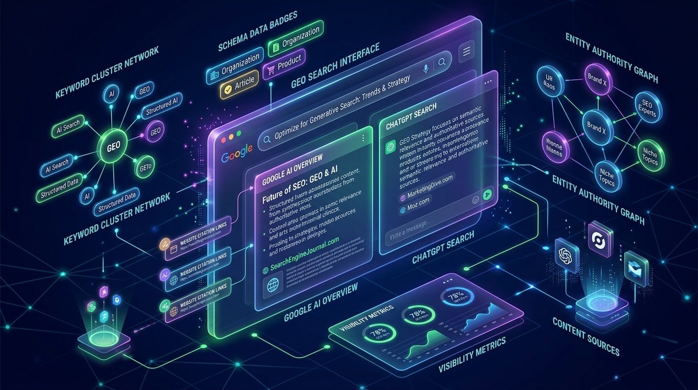 Generative Engine Optimization (GEO): How AI engines synthesize search intent, schema markup, and entity authority to generate recommendations.